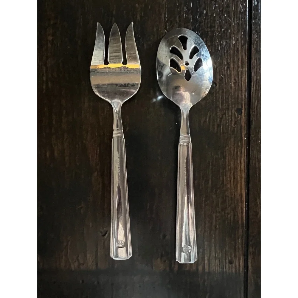 Pfaltzgraff Stainless Steel Serving Set Slotted Spoon & Cold Meat Fork Ribbed